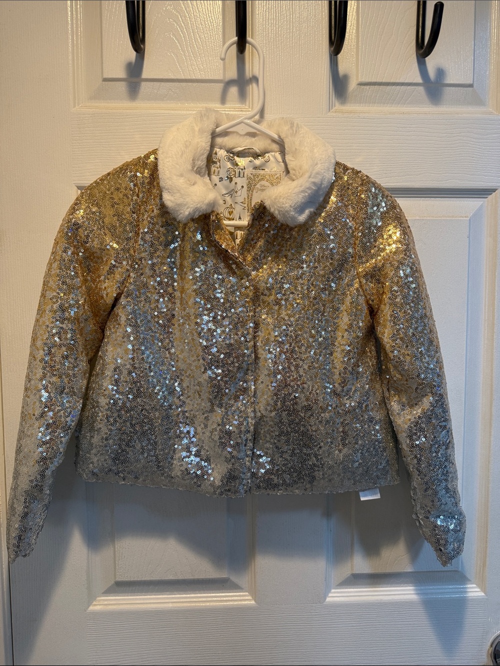 Disney Girls Gold Sequin Jacket with White Faux Fur Collar